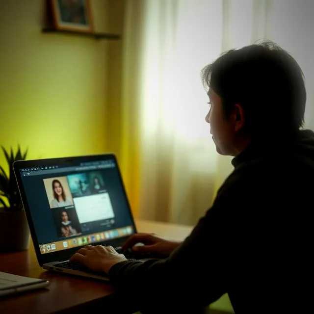 Osoba przy laptopie podczas rozmowy wideo, zawahana w trakcie rozmowy kwalifikacyjnej.